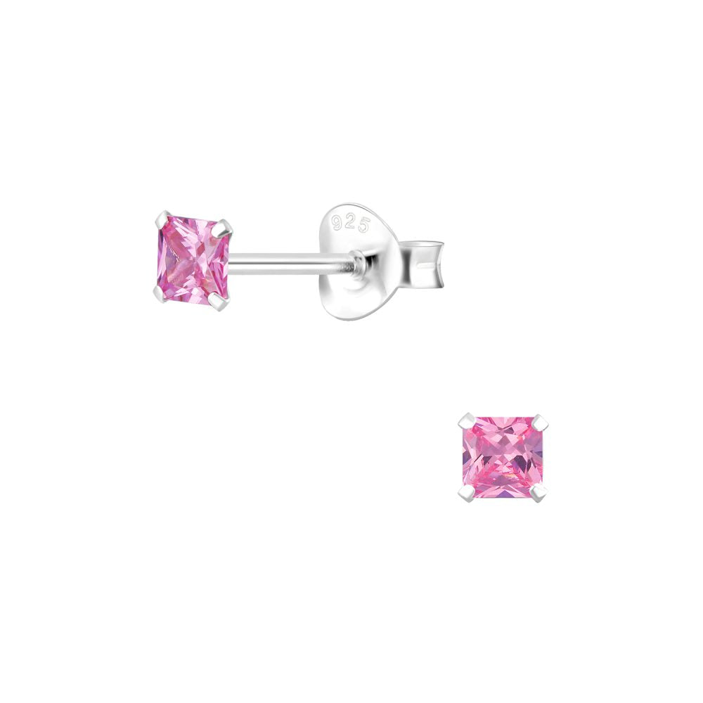Square Sparkling Zirconia Silver Studs — Pink - High Quality 925 Sterling Silver Jewelry