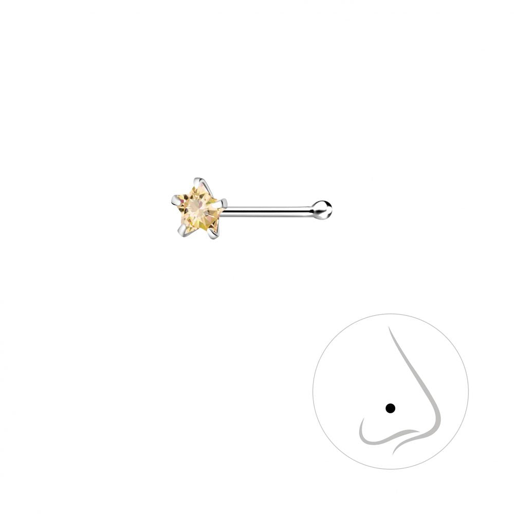 Star Sparkling Zirconia Silver Nose Stud With Ball — Champagne - High Quality 925 Sterling Silver Jewelry