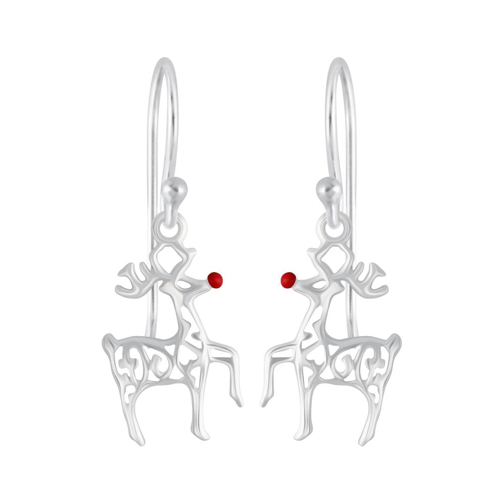 Silver Red Nose Reindeer Earrings - High Quality 925 Sterling Silver Jewelry