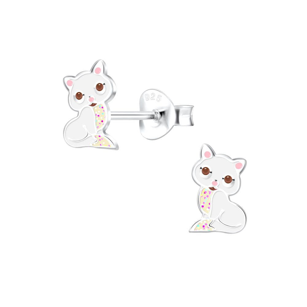 Silver White Cat Studs - High Quality 925 Sterling Silver Jewelry