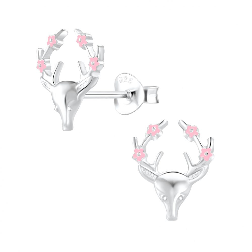 Silver Reindeer Studs Pink Accents - High Quality 925 Sterling Silver Jewelry