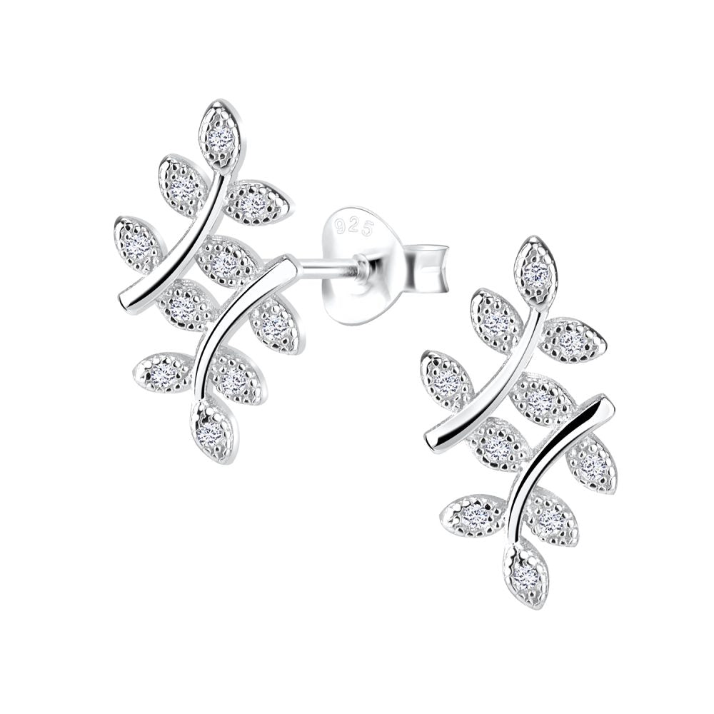 Silver Olive Leaf Studs — White - High Quality 925 Sterling Silver Jewelry