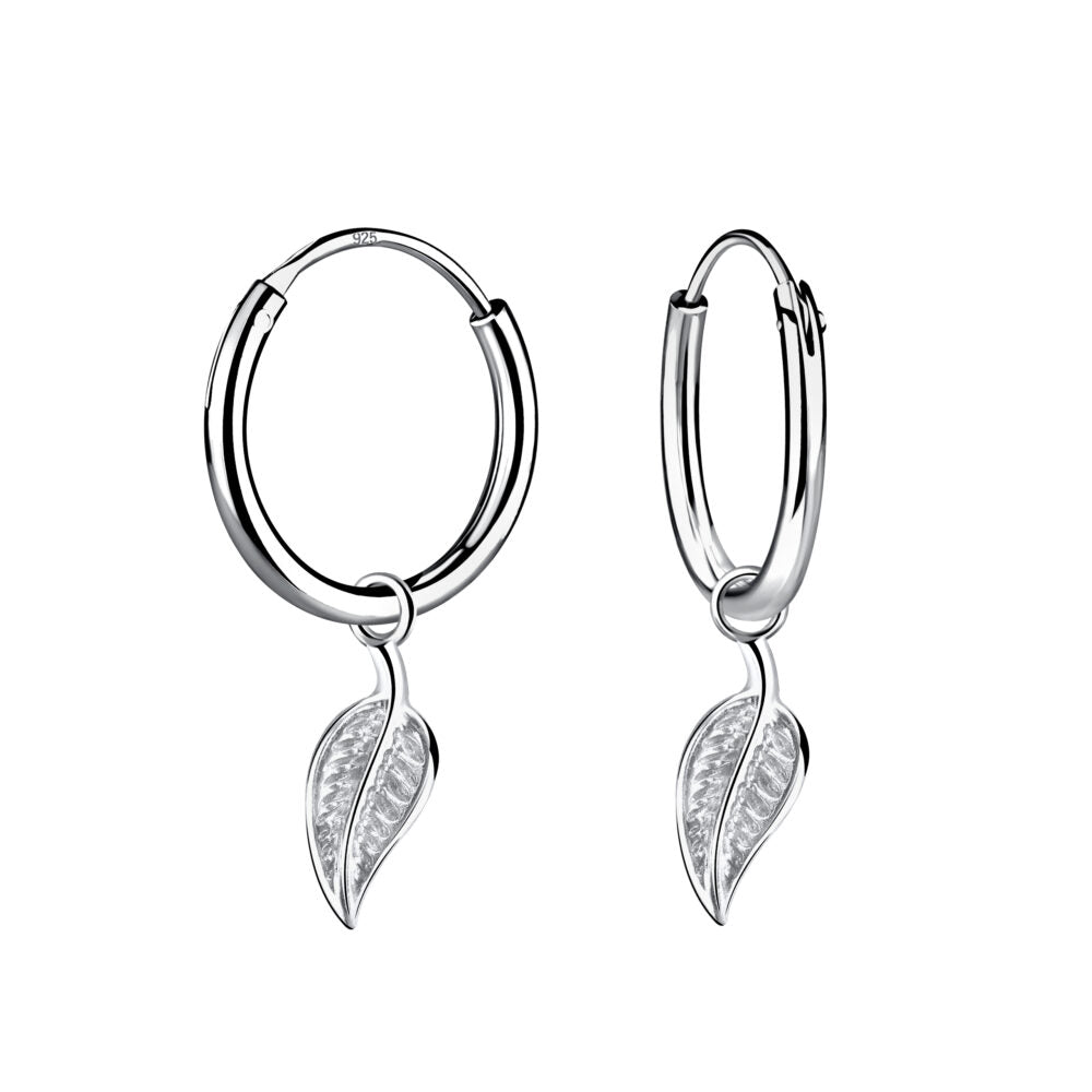 Silver Leaf Charm Hoop Earrings - High Quality 925 Sterling Silver Jewelry