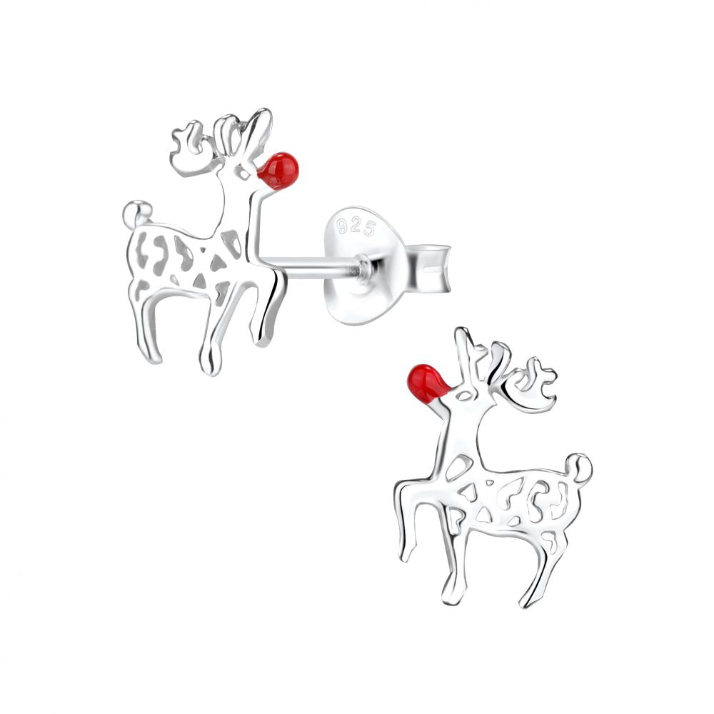 Silver Red Nose Reindeer Studs - High Quality 925 Sterling Silver Jewelry