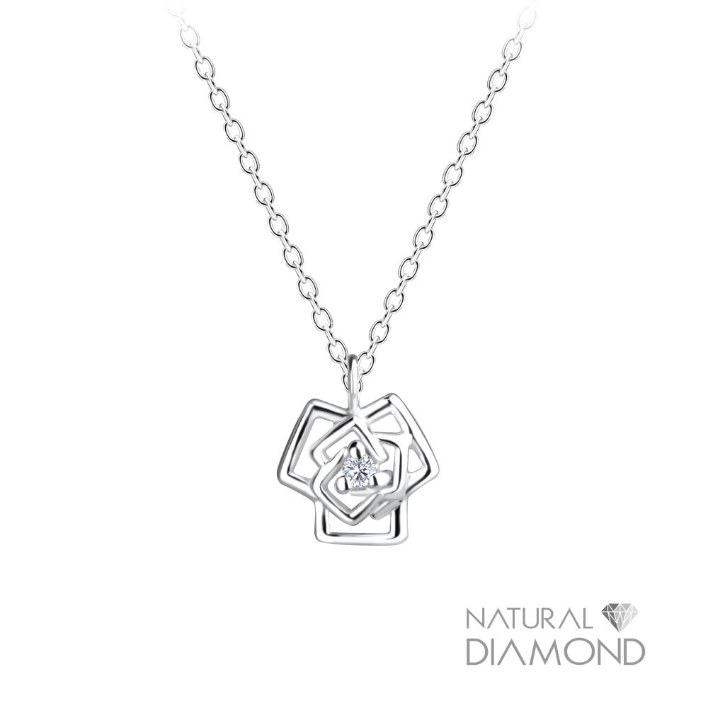 Silver Rose Flower Necklace With Natural Diamond - High Quality 925 Sterling Silver Jewelry
