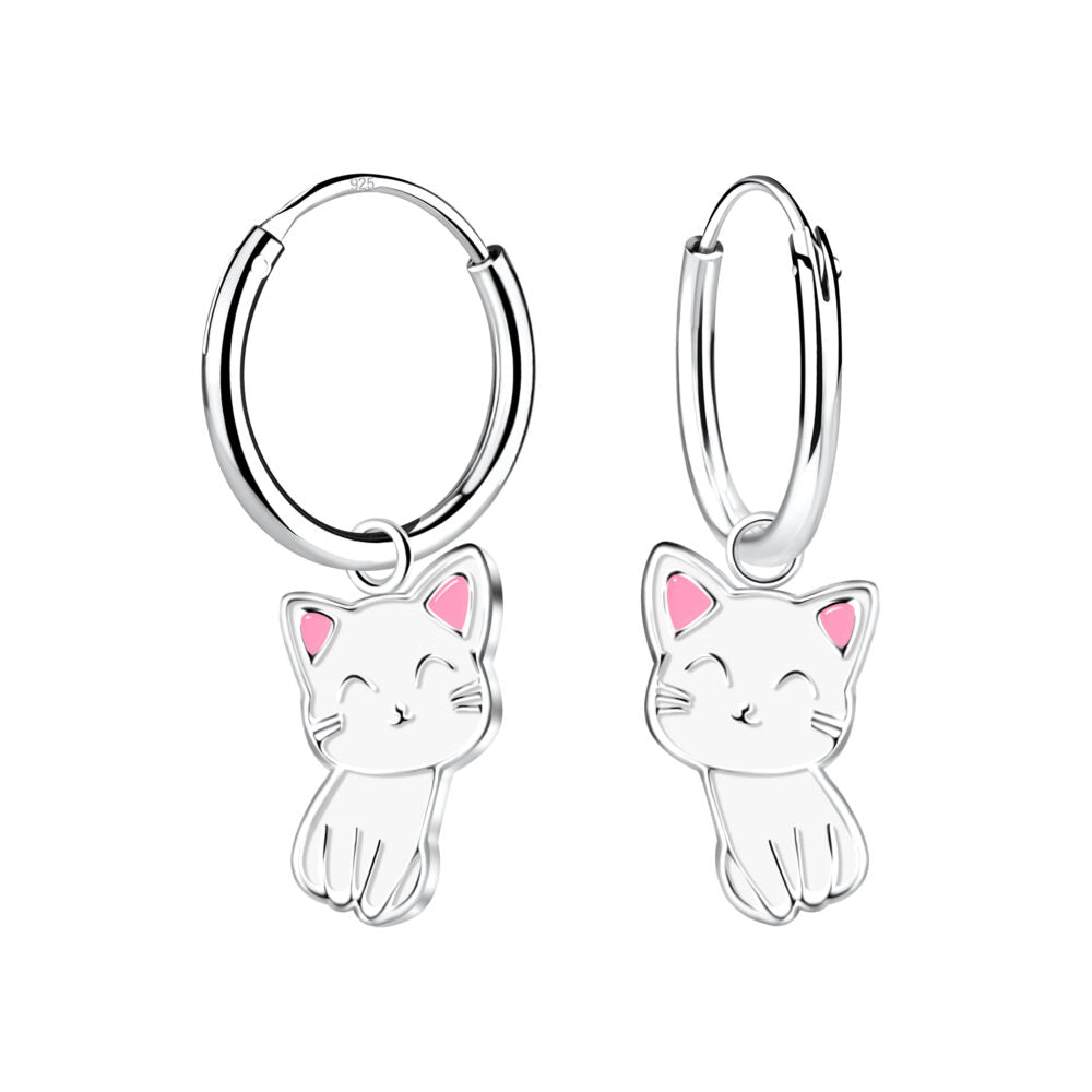 White Cat Charm Hoop Earrings (0.47") - High Quality 925 Sterling Silver Jewelry