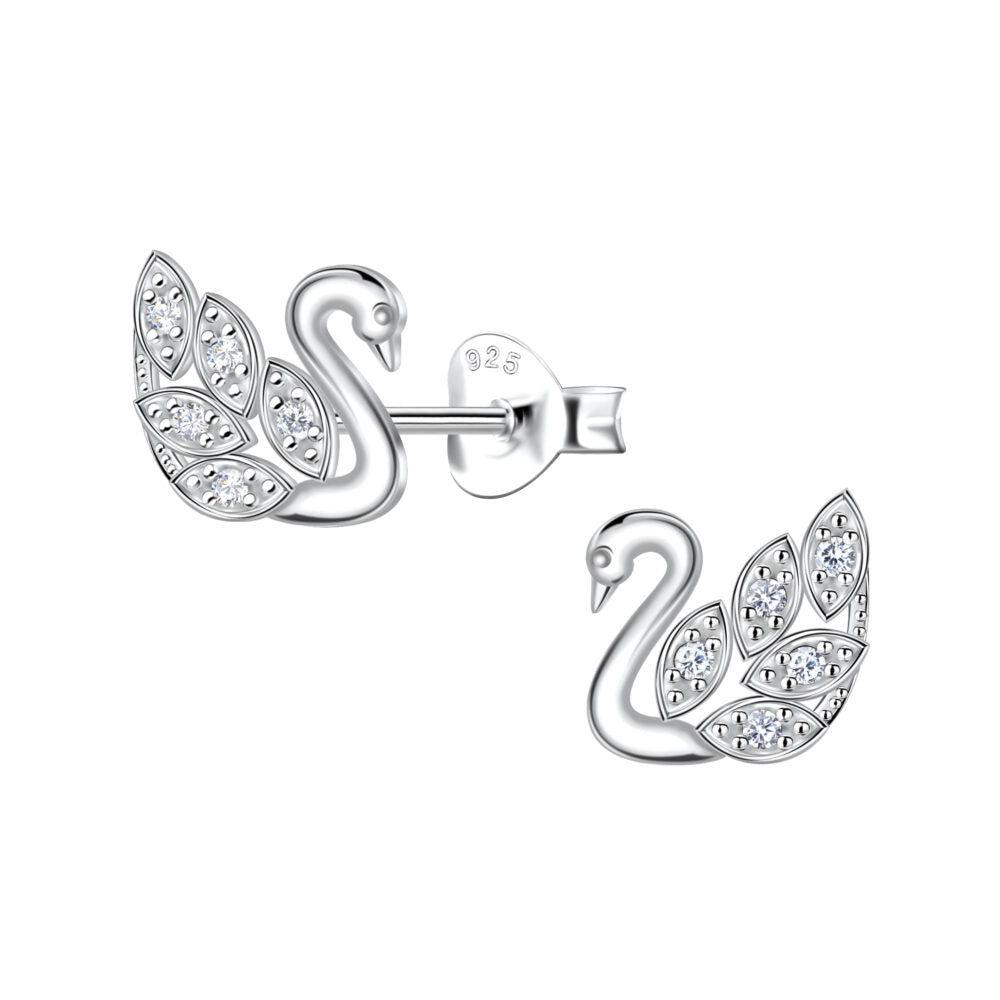 Silver Swan Studs — White - High Quality 925 Sterling Silver Jewelry